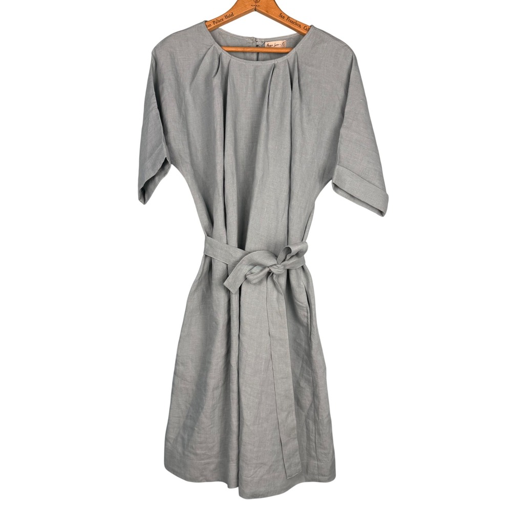 Magic Linen‎ Blue Grey 100% Linen Short Sleeve Tie Waist Midi Dress Womens XS